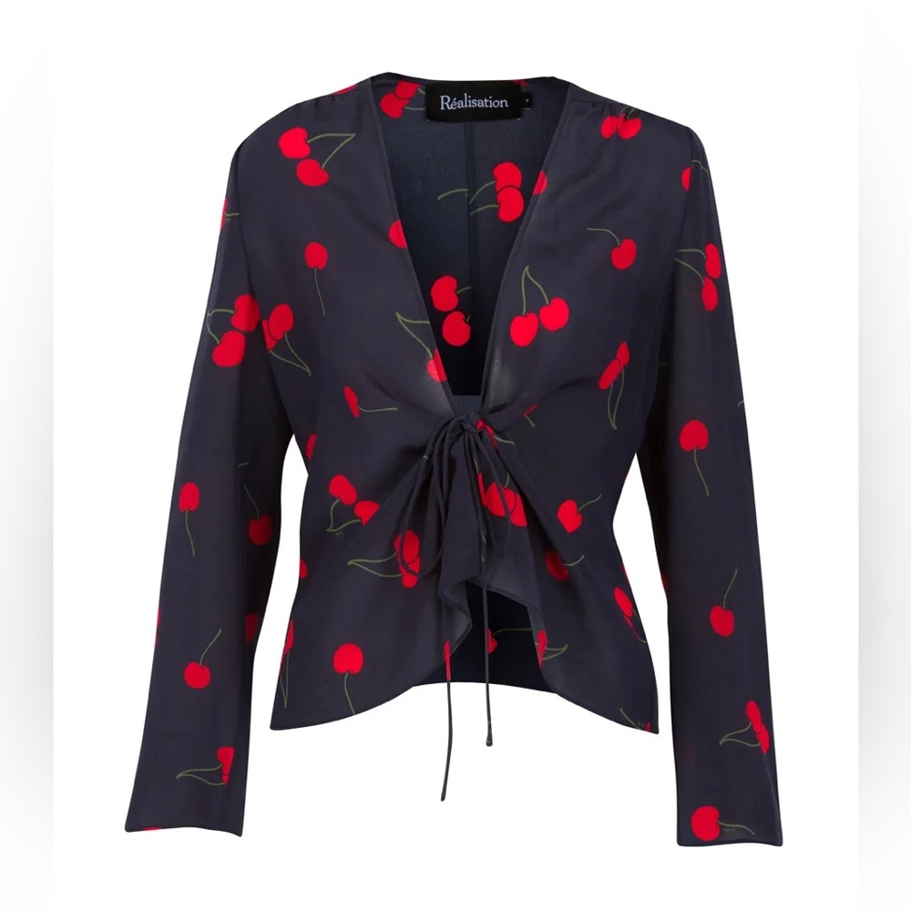 Realisation Par Navy Top with Red Cherry Design silk XS
